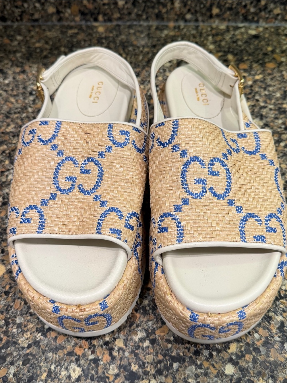Gucci Beige Raffia Platform Sandals with Blue GG Motif 38.5